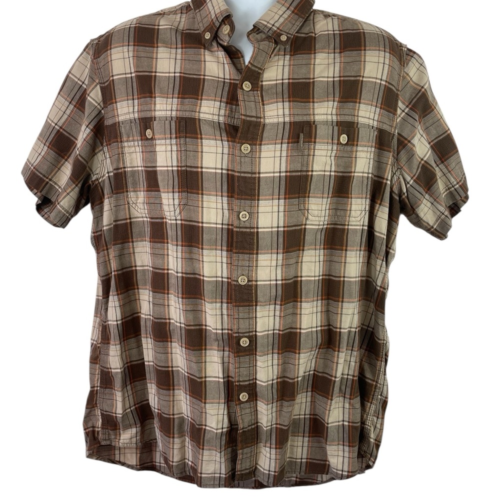 G. H. Bass Brown Plaid 100% Cotton Short‎ Sleeved Camp Shirt, Size XL